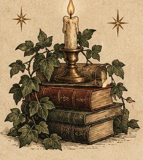 A candle on a stack of old books with ivy