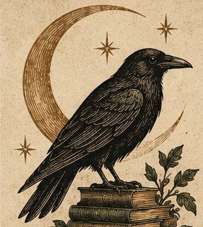 An engraved raven perched on old books