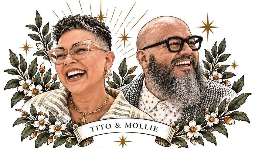 Engraved portrait of Mollie and Tito laughing, framed by flowers and a Tito & Mollie ribbon